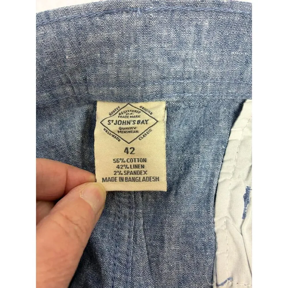 St. John's Mens Flat Front Shorts 42 Blue Chambray Comfort Stretch 9